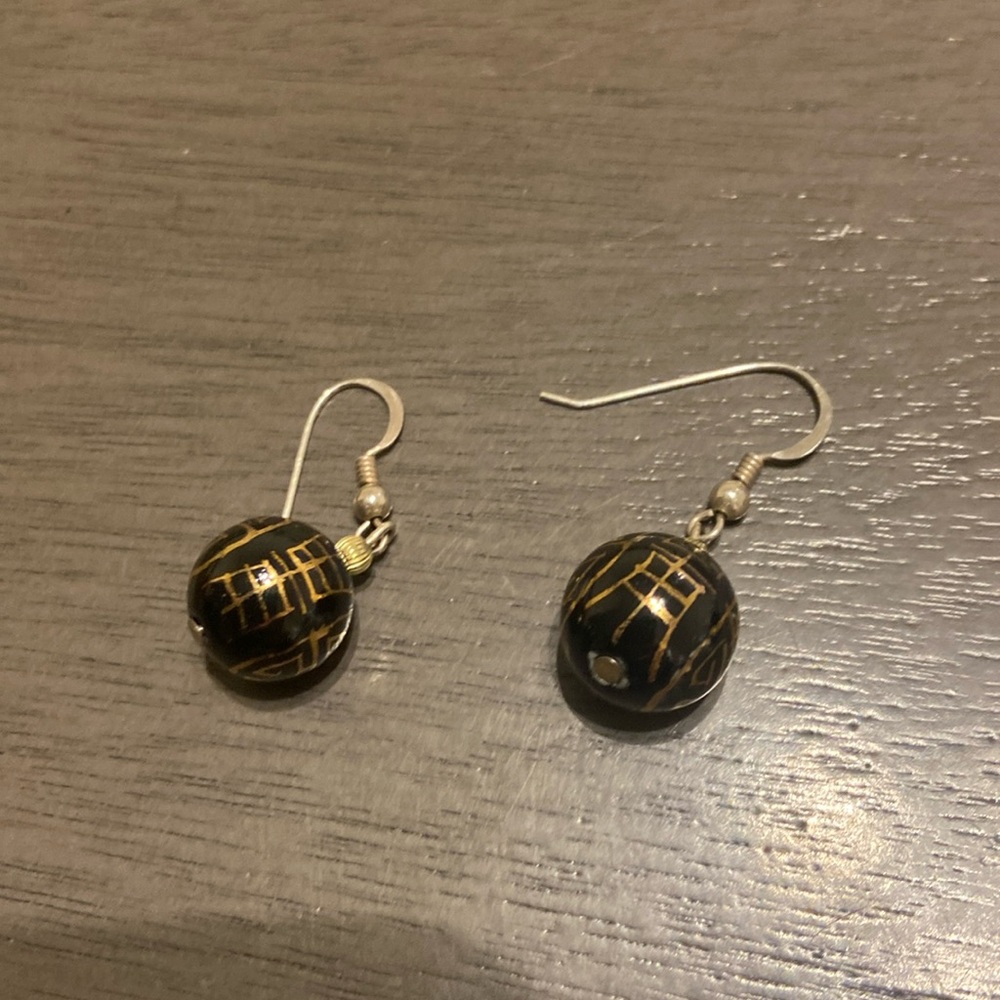 Vintage Black Asian Ball Studed Dangle Earrings